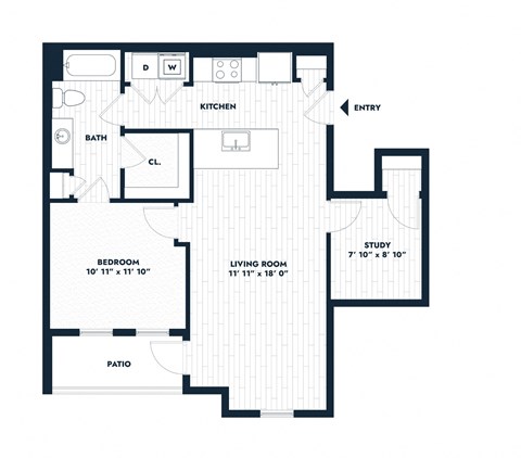 Floor plan for 1 bed, 1 bath, 811 sqft